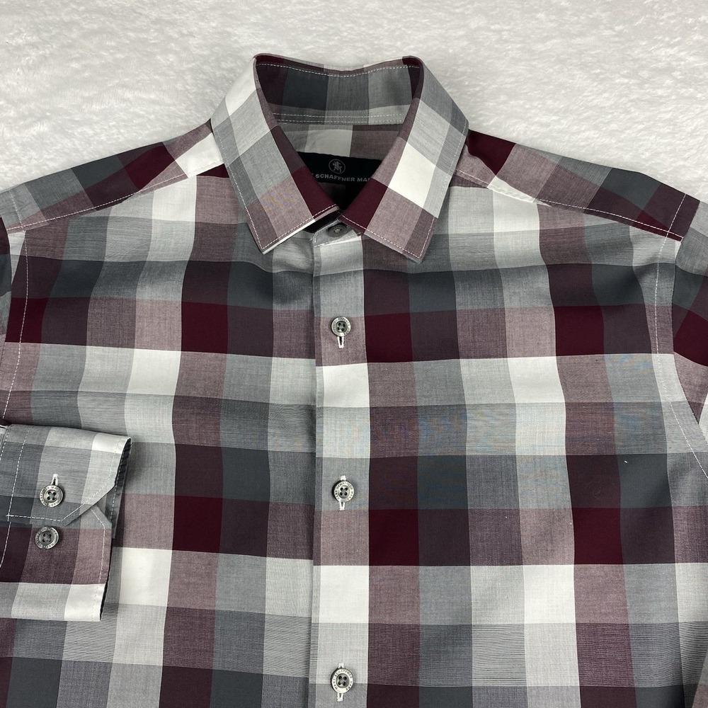 Hart Schaffner Marx Shirt Mens Small Maroon/Gray Checks 100% Cotton